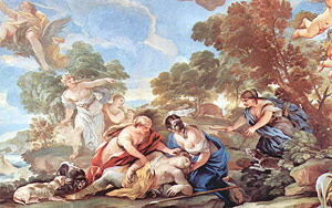 a painting of a dead man surrounded by people and angels