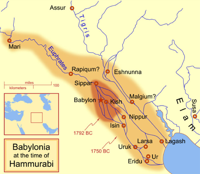 map of Babylonia at the time of Hammurabi