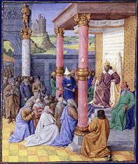 Painting of a group of people gathered around a monarch