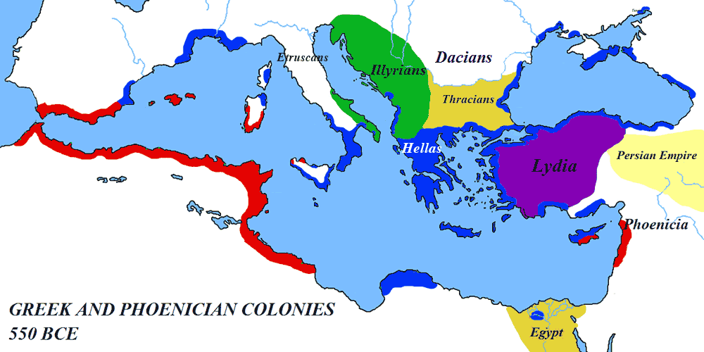 Map of Phoenician and Greek colonies at about 550 BCE.