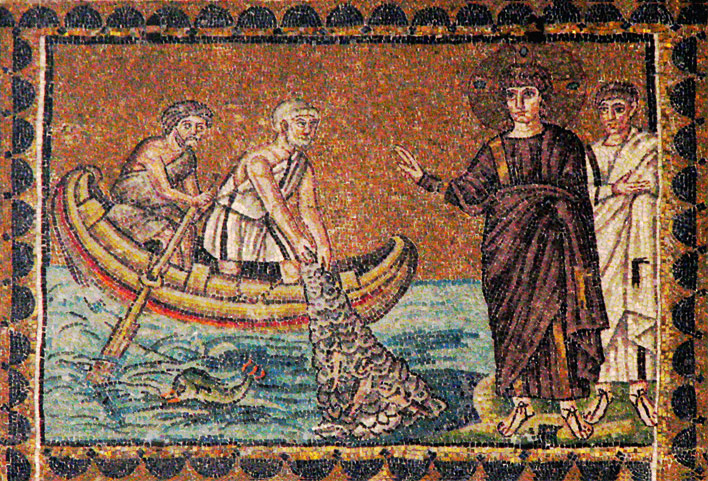 mosaic from the Basilica of Sant’Apollinare Nuovo in Ravenna: Jesus calling Andrew and Peter.