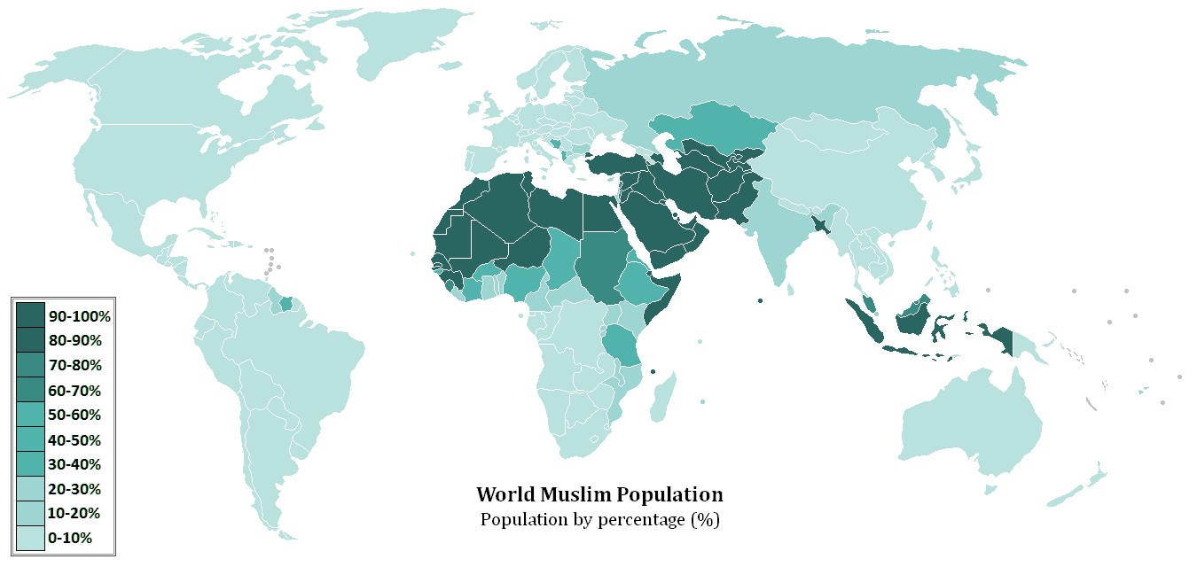The Muslim population of the world or “The Ummah”, by percentage of each country’s population in 2008.