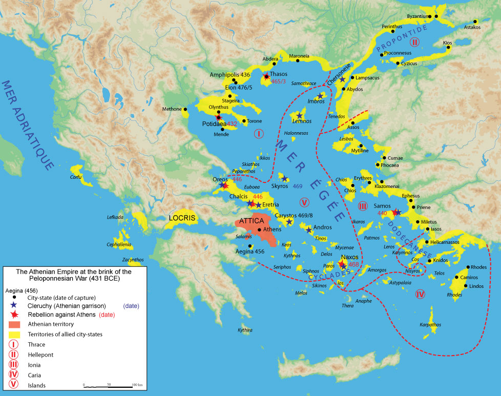 Delian League (“Athenian Empire”) shown in yellow, Athenian territory shown in red, situation in 431 BC, before the Peloponnesian War.