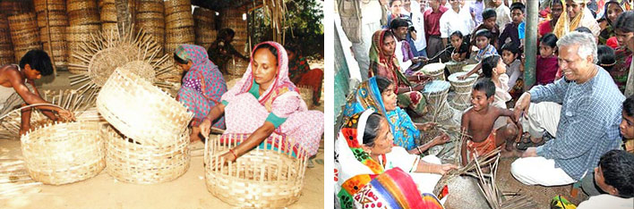Basket weaving business and Professor Yunus talking to a group of women