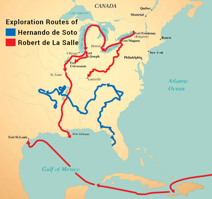 The exploration routes of La Salle & de Soto