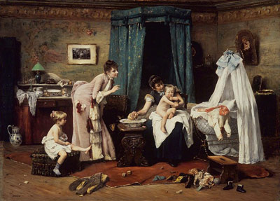 PLate 19th century painting of a domestic scene 