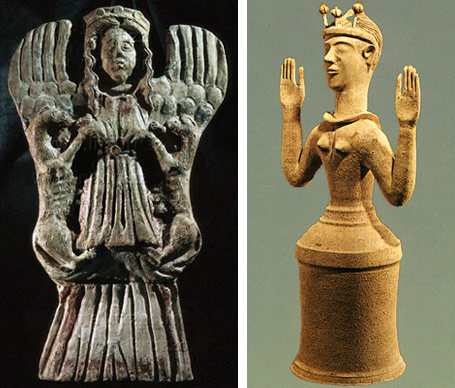 The Minoan goddess of animals on the left and the poppy goddess on the right