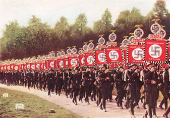 Nazis marching with swastikas