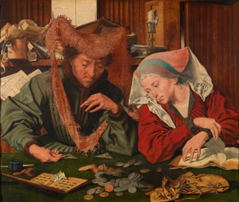 old painting of a man and a woman counting coints