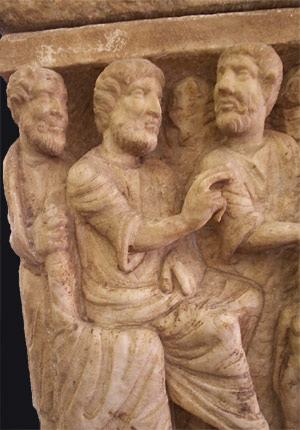 depiction of the trinity as 3 men on a sarcophagus