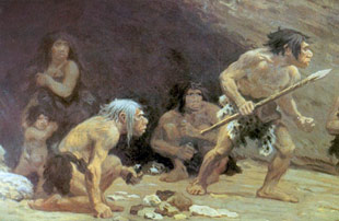 Illustration of Neanderthals near a cave entrance 