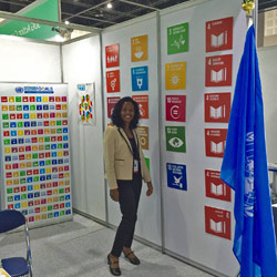 Woman standing in a Sustainable Development Goals booth