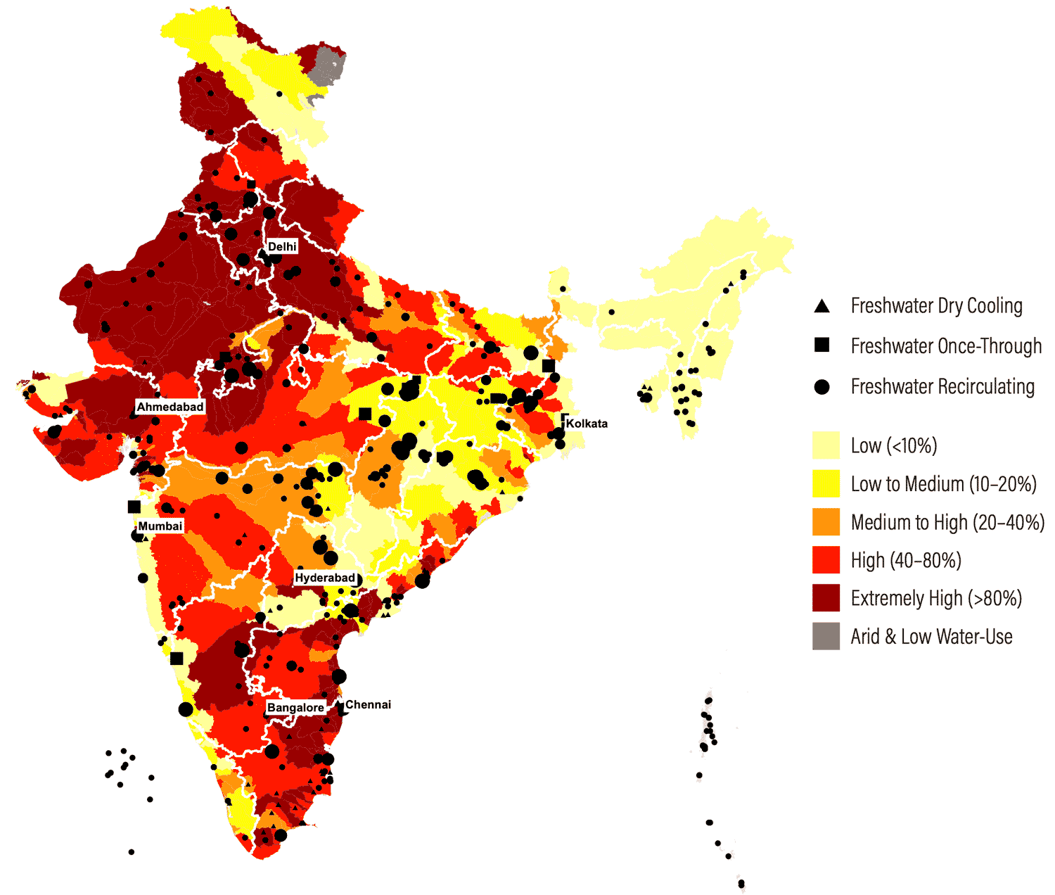 map of India's freshwater-cooled power plants