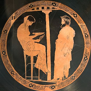Aegeus at right consults the Pythia or oracle of Delphi