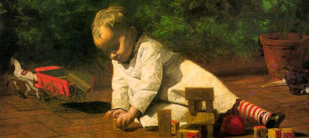 A painting showing a young child playing with blocks, painted by Thomas Eakins in 1876.