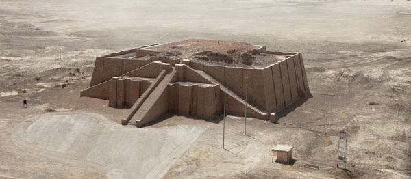 A photo of the largely reconstructed ziggurat of Ur, ca 2100 BCE, at Tell el-Mukayyar, Iraq.