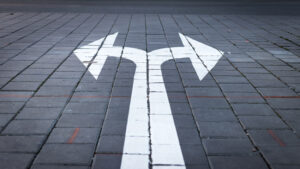 Two arrows pointing in different directions, indicating duality and just one of two choices.