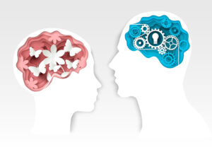 An image of a man and woman's head, the former with a mechanical pattern and the latter with a wavy butterfly pattern representing the brain.