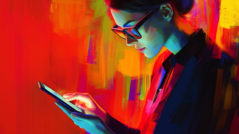 An illustration of a young woman holding and looking at her smart phone.