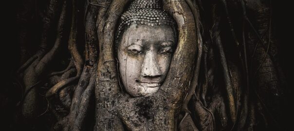 The head of a sandstone Buddha statue nestled in the tree roots beside the minor chapels of Wat Maha That, Phra Nakhon Si Ayutthaya Province, Thailand.