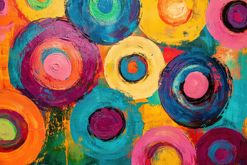 A painting of colourful concentric circles.