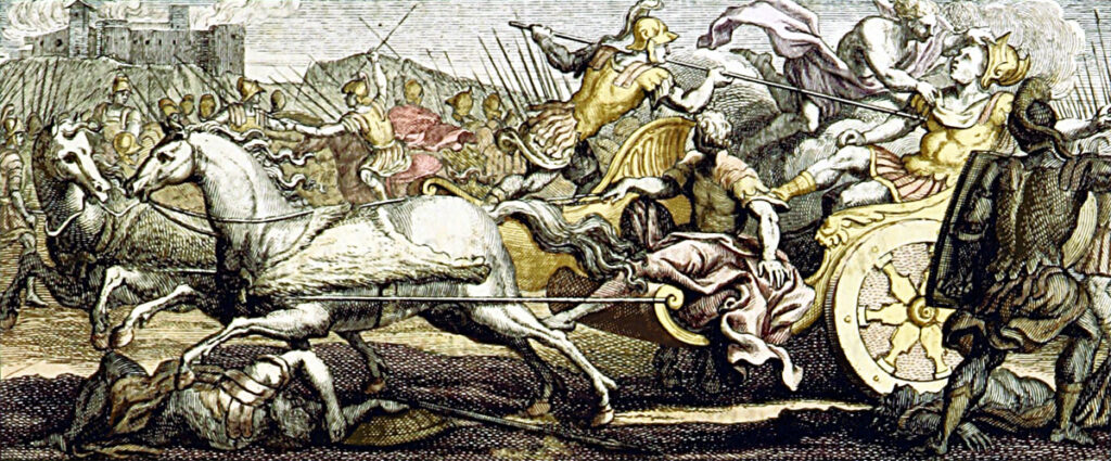 An illustration showing the death of Patroclus from The Iliad of Homer, as translated by Alexander Pope.