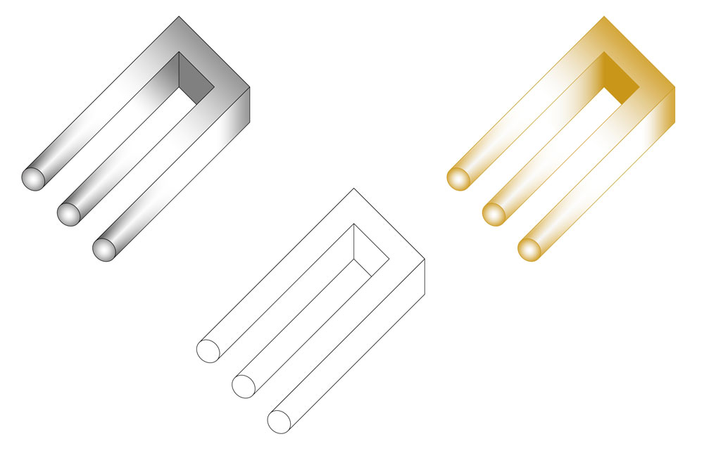 Three images depicting a "devil's tuning fork" or impossible trident.