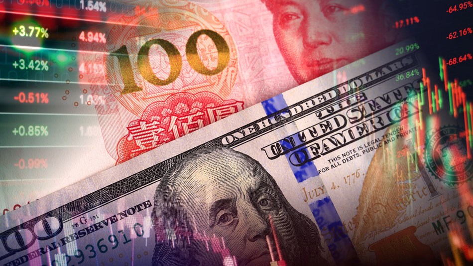 An image showing American and other currencies along with the stock market tickers.