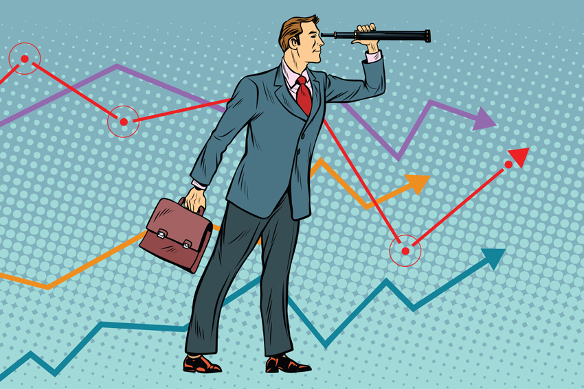 An illustration of a man in a business suit holding a telescope and briefcase, looking into the future, with a graph behind him.