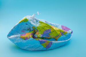 A photo of a deflated inflatable globe symbolic of a planet in crisis.