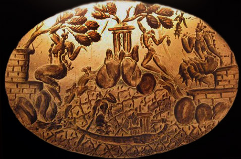 Ancient gold signet ring perhaps showing ecstatic states in the Minoan civilization of Crete, Greece.