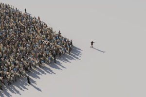 An image of a single person leading a huge group of people in a certain direction.