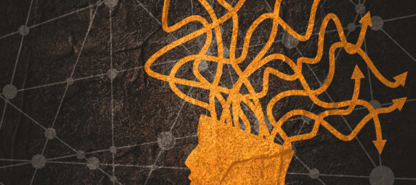 An illustration showing many arrows coming out of a human's head and brain, indicating multiple functions and directions.