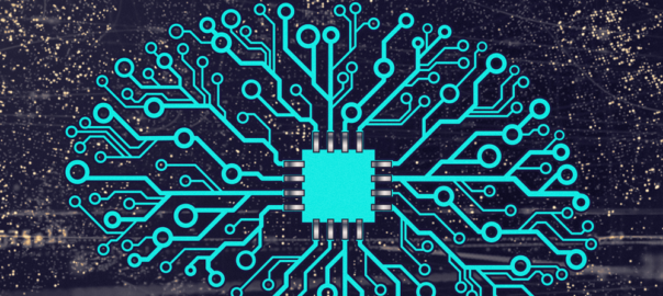 A diagram of a microchip and its connections in the shape of a human brain, symbolizing our vulnerability to online misinformation.