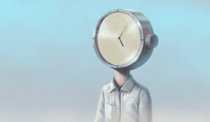 An image of a man with a clock for a head, indicating the dominance of time on the mind.