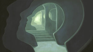 An indoor passageway whose counters are the shape of a human head looking up.