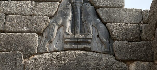 An image of the Lions Gate at the ancient ruins of Mycenaea, Greece.