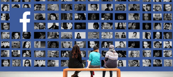 Three young people sitting in front of a wall ofscreens showing many Facebook profiles.