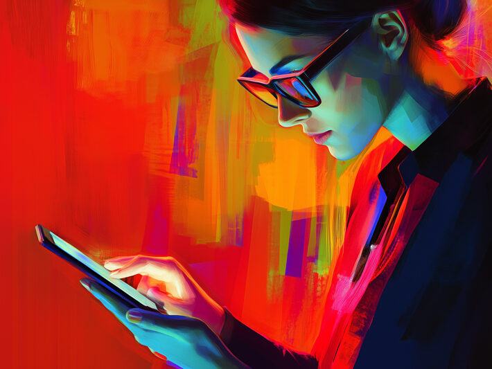 An illustration of a young woman holding and looking at her smart phone.