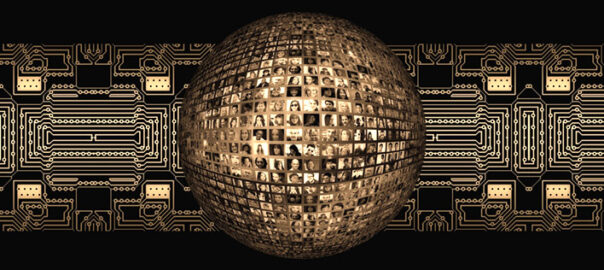 An image of a computer circuit and many social media profile pictures super-imposed onto it.