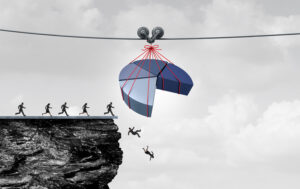 An image showing people chasing a pie graph off of a cliff—mislead by information.