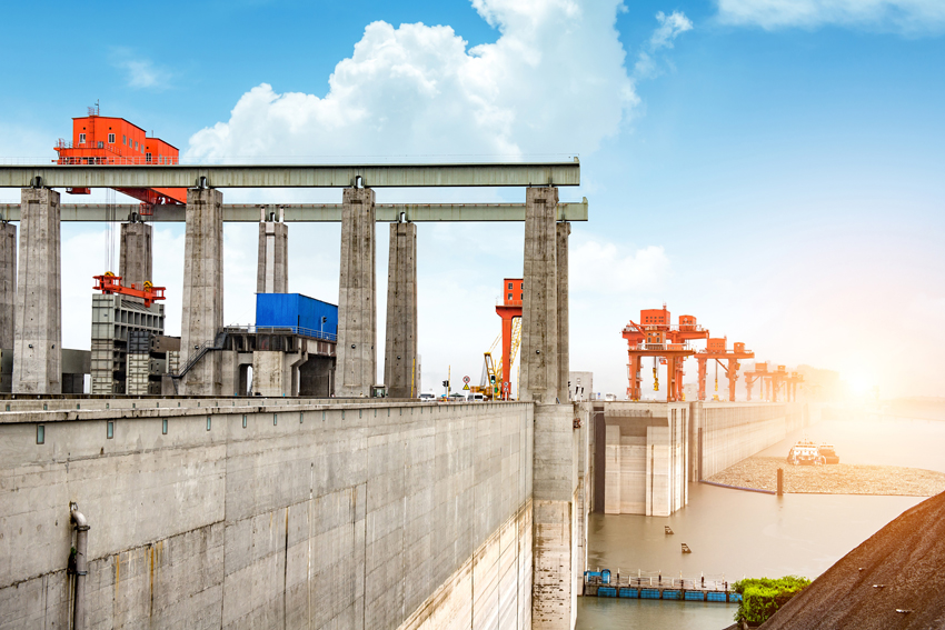 A photo of a section of China's Three Gorges Dam and hydro-electrical plant on the Yangtze River.